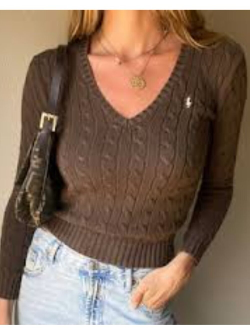 VTG Ralph Lauren Sport Chocolate Brown Cable-Knit V-Neck Sweater Size L Pony
